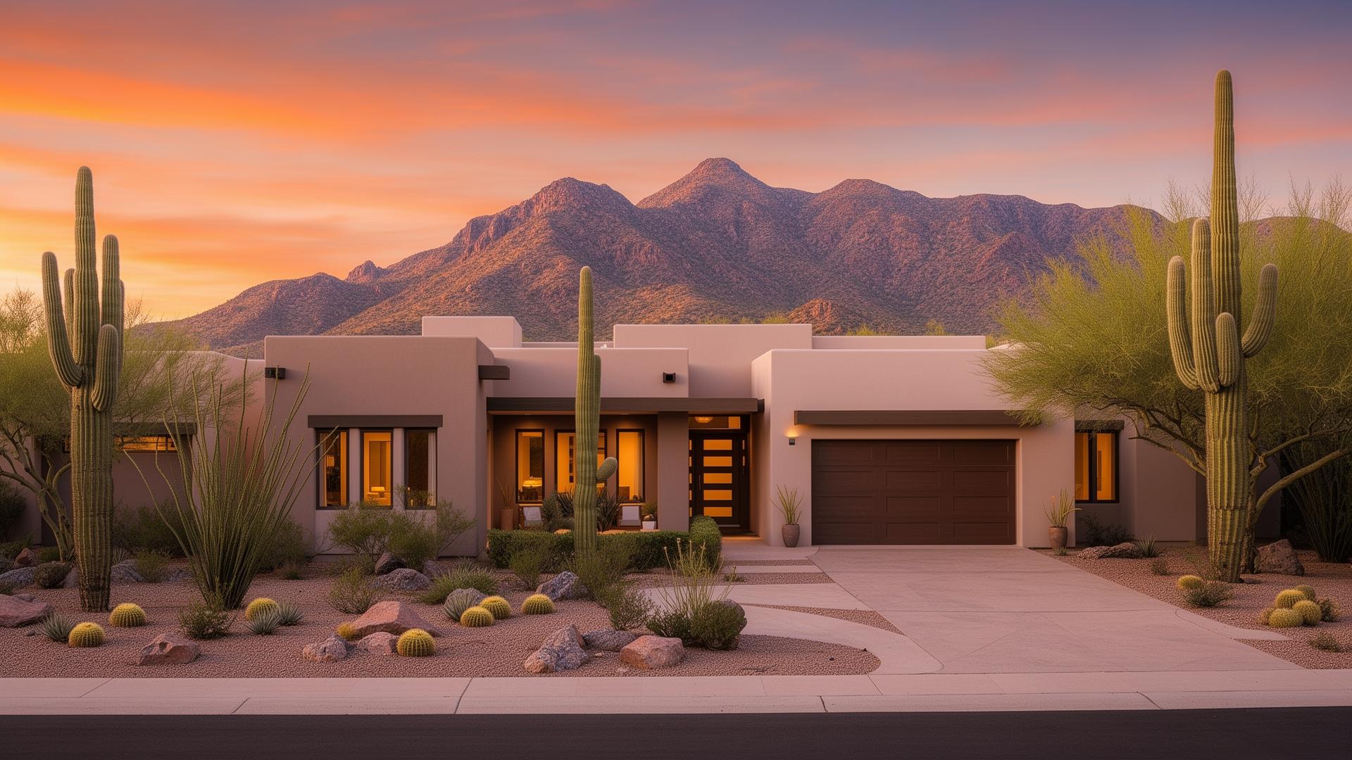 Beautiful Tucson home freshly painted at sunset